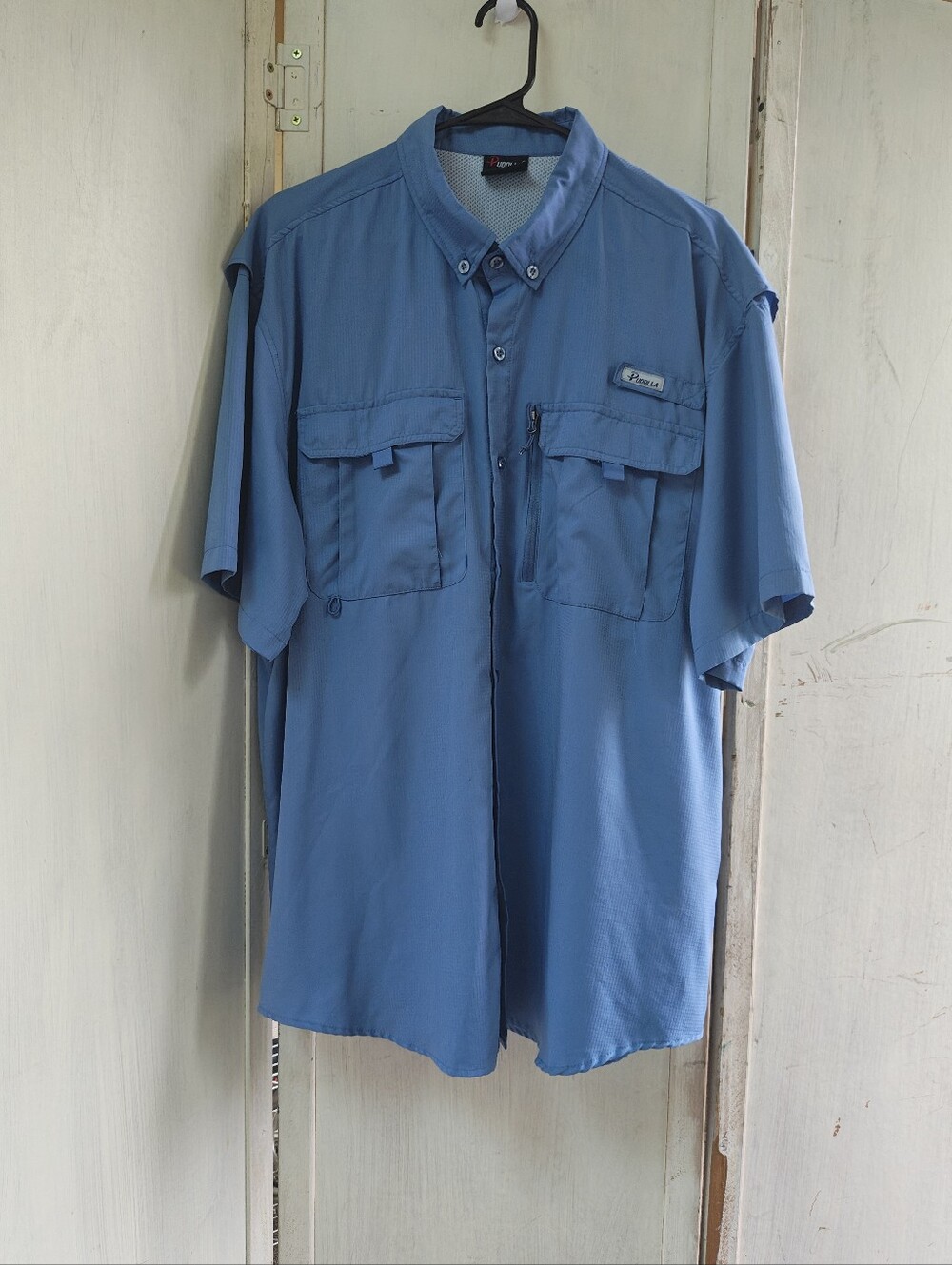 Pudolla Men's Short-Sleeve Button-Down Outdoor Shirt in Blue